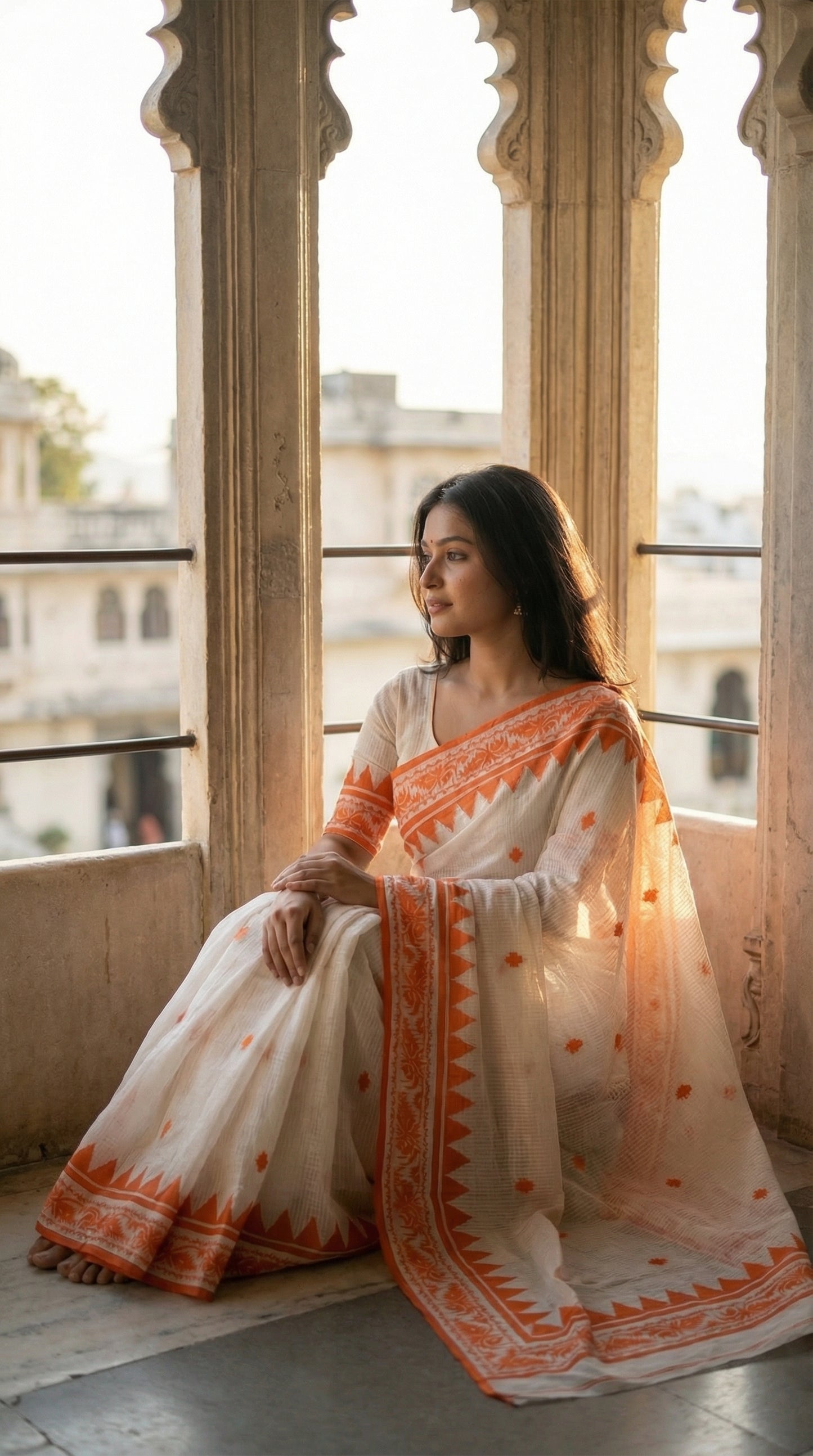 Woman in a white cotton Kota Doria saree with orange appliqué floral and geometric motifs, lightweight ethnic wear sitting on a balcony with architectural columns.