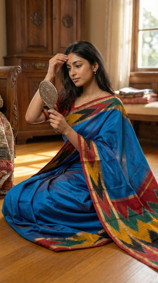 Woman in a blue cotton saree with mustard and black Ikat border and red edge, sitting on the floor in a room with wooden furniture.