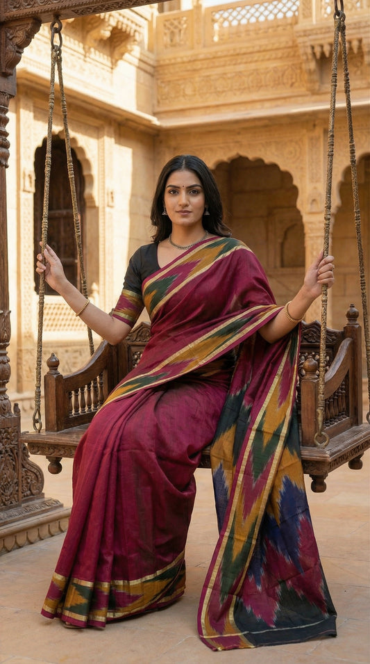 Woman in a wine cotton saree with abstract brushstroke border and golden trim, sitting on a swing in an architectural setting.