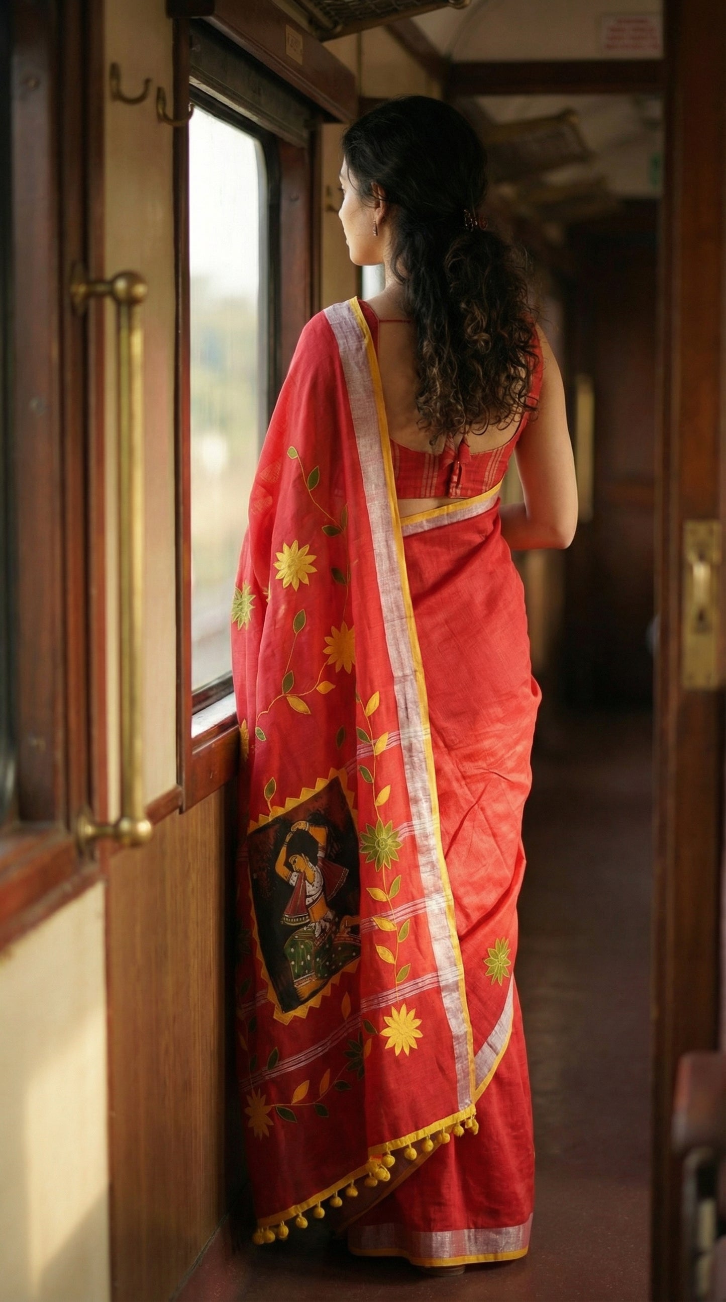 Woman in a red cotton saree with hand-painted classical dance scene and yellow pom-pom border, festive ethnic wear, looking out of a train window