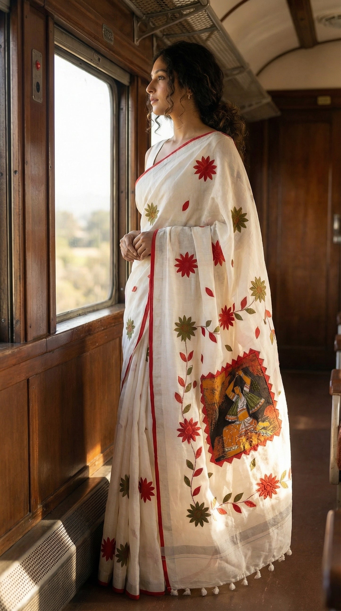 Woman in a white cotton saree with red and green hand-painted floral motifs and cultural pallu artwork, elegant ethnic wear, standing by a window on a train.