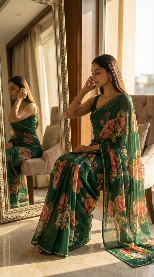 Woman wearing a dark green chiffon saree with floral prints, sitting in front of a mirror.