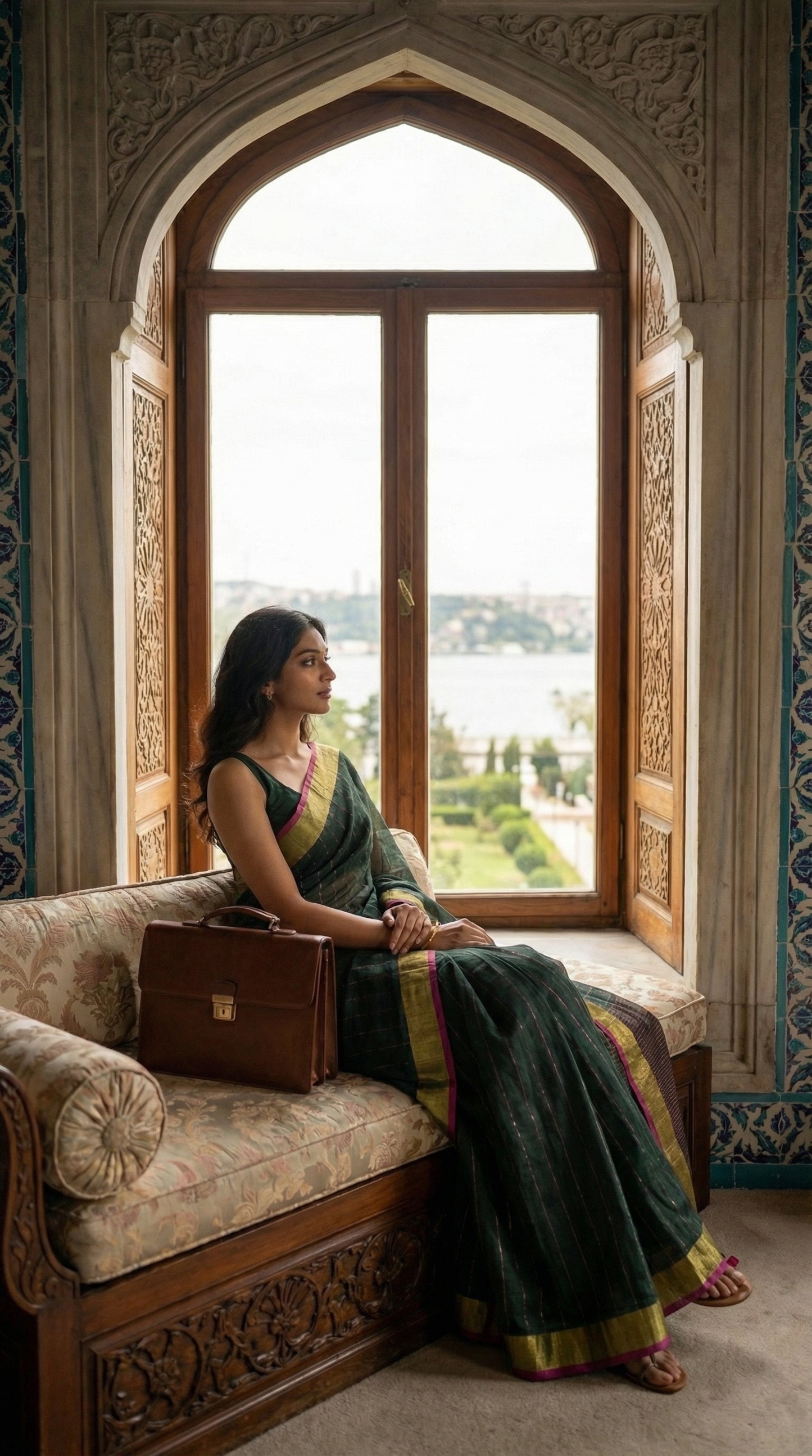 Woman in a dark-green-cotton-linen-saree-zari, sitting on a decorative couch by a large window with a scenic view.