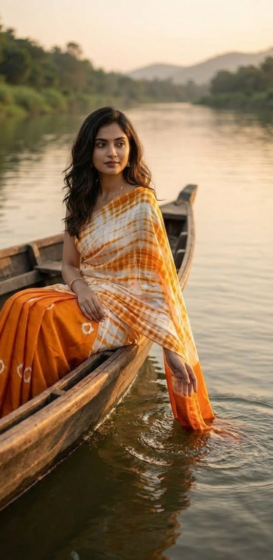 Woman in a designer modal silk saree – bandhani print in orange & white with shibori pallusitting in a boat on a river with mountains in the background.