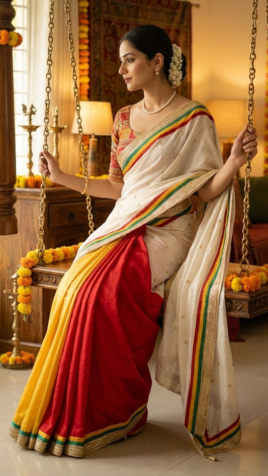 Woman in a designer silk saree with brocade blouse – multicolor elegance with lace border sitting on a swing in a decorated room.