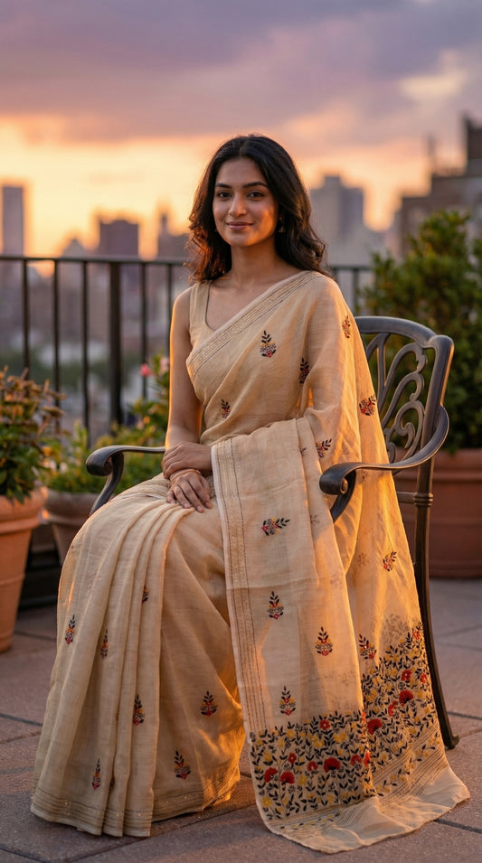 Woman in a golden-chanderi-kantha-saree, sitting on a chair with a cityscape in the background.