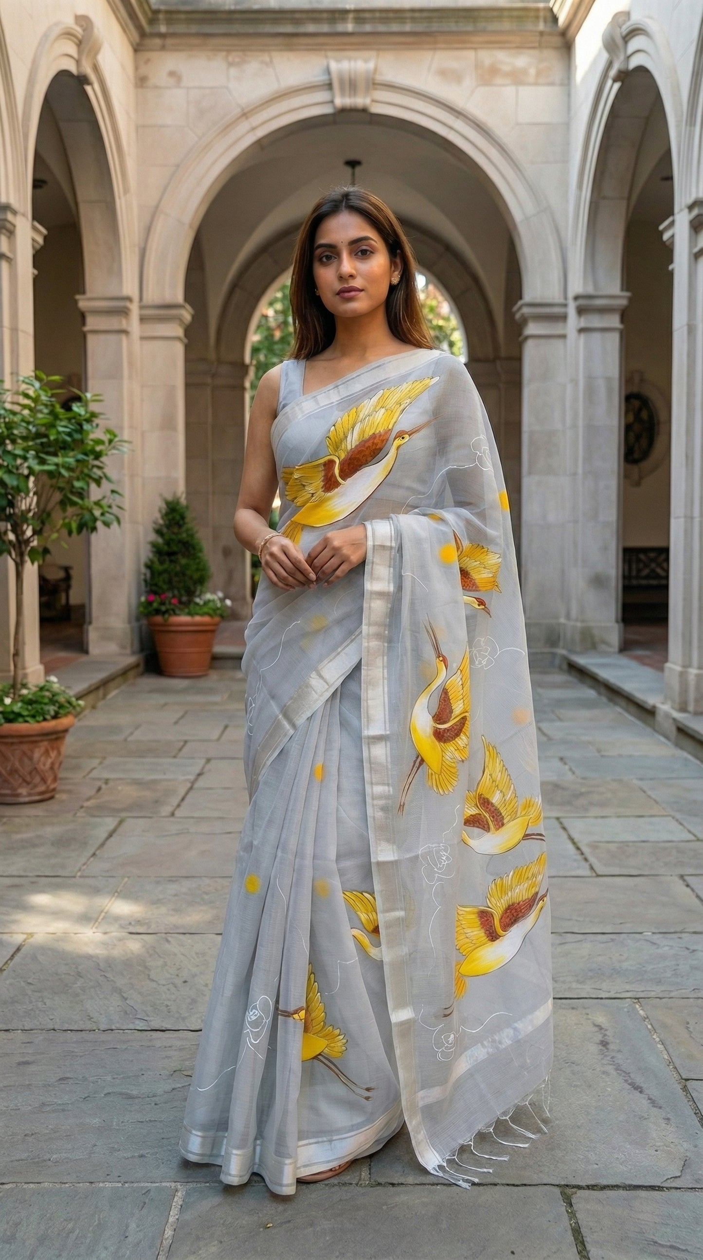 Woman in a grey-kota-doria-crane-saree, standing in an outdoor setting with arches and plants.