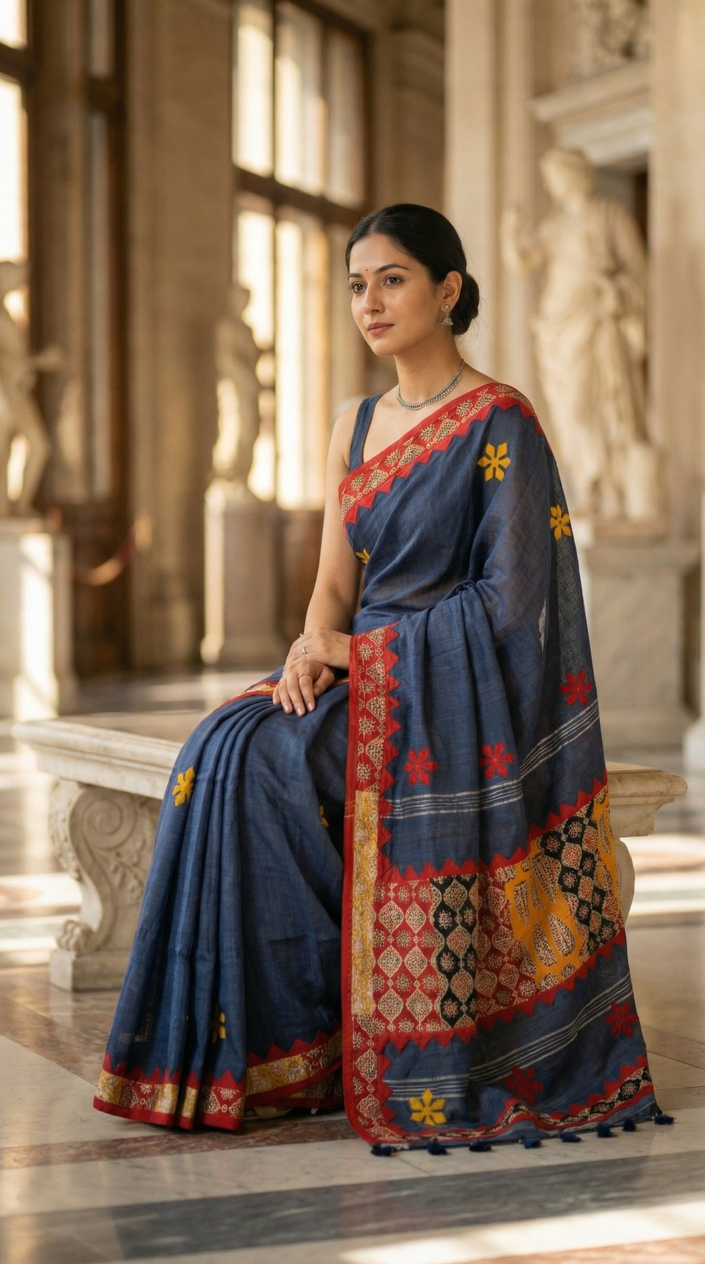Woman in a grey linen cotton saree with handcrafted applique border, sitting in a grand hall.