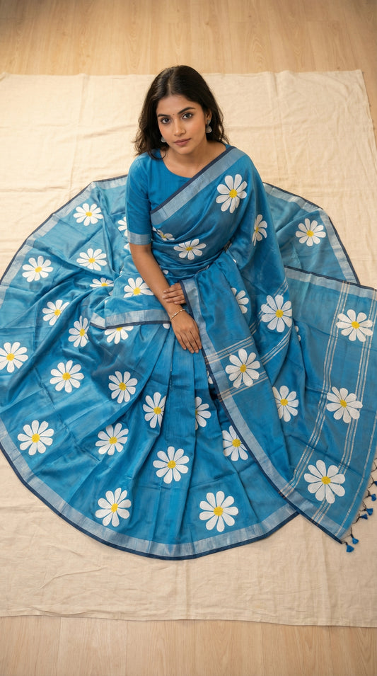 Woman wearing blue cotton saree with white and yellow sunflower motifs, hand-painted artisan saree for cultural occasions. Saree arranged around seated model in a circular composition; dramatic hero frame.