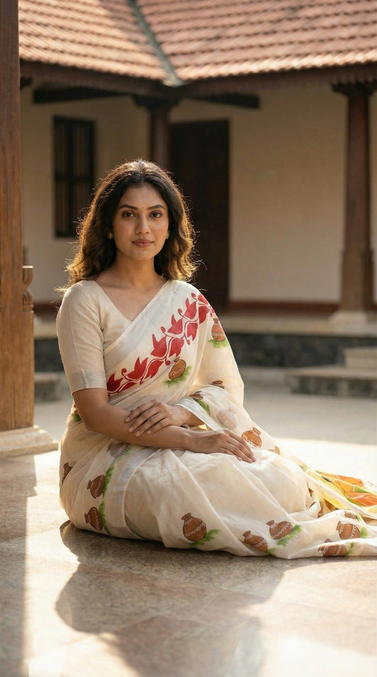 Woman in a white cotton saree with hand-painted design of three women in traditional attire and ritual pots, sitting on a stone floor with a building in the background.