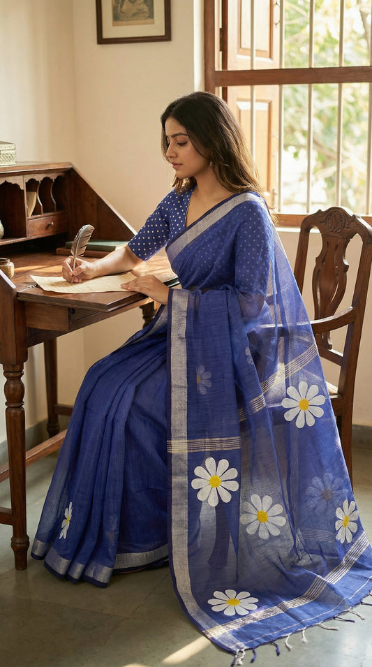 Woman wearing Navy cotton saree with hand-painted sunflower motifs and tassel border, breathable traditional Indian attire.