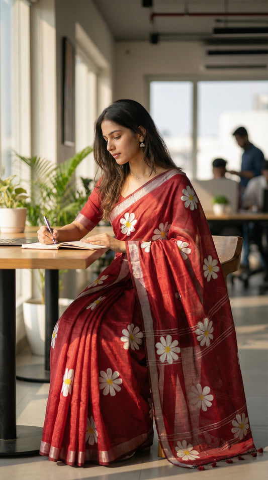 Woman wearing Red cotton saree featuring hand-painted sunflower design with white and yellow petals, sitting at a table in a bright room.