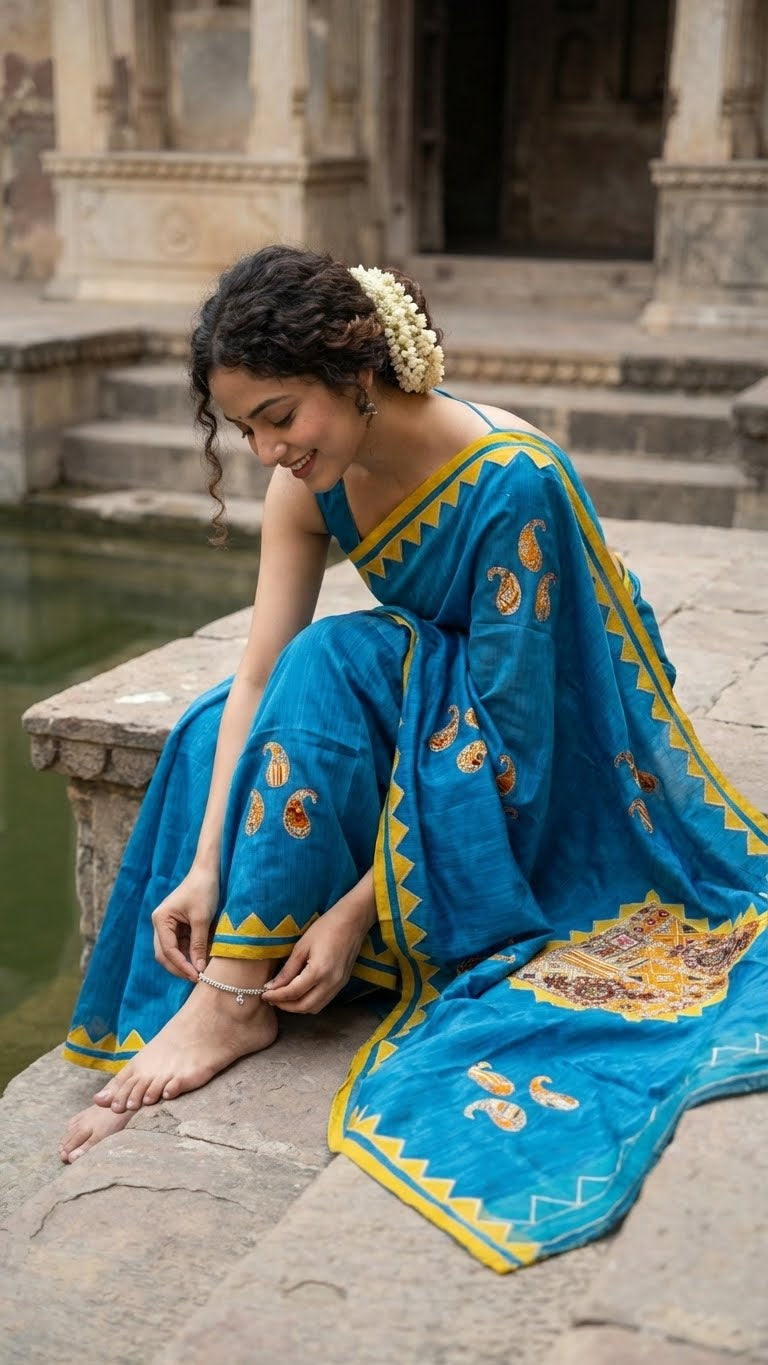 Woman in a handcrafted cotton appliqué saree – traditional motifs sitting by a pool with architectural elements in the background.