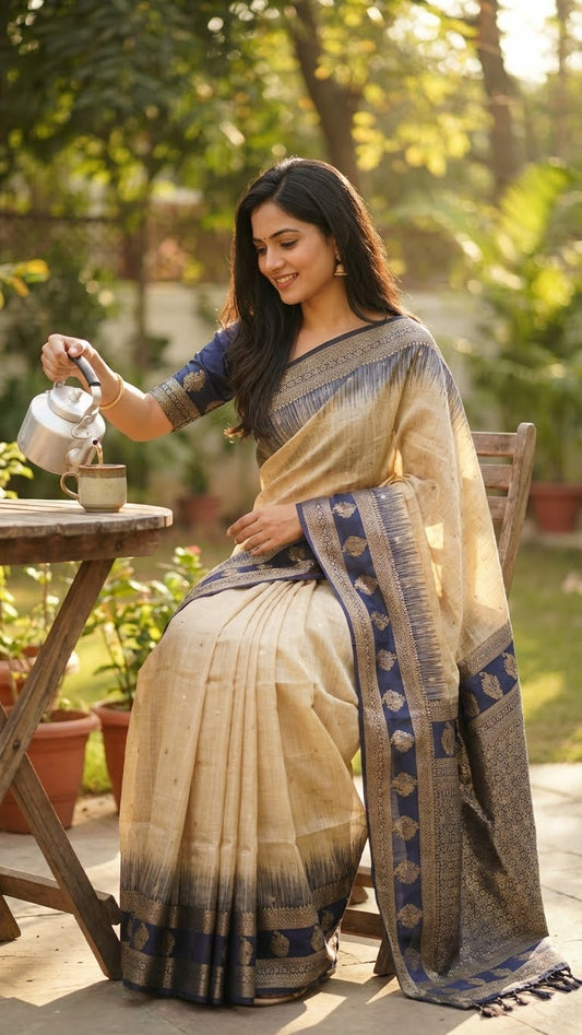 A lady wearing Beige Hasthkala blended silk saree featuring a royal blue gold zari border and temple motifs pouring tea in a garden setting.