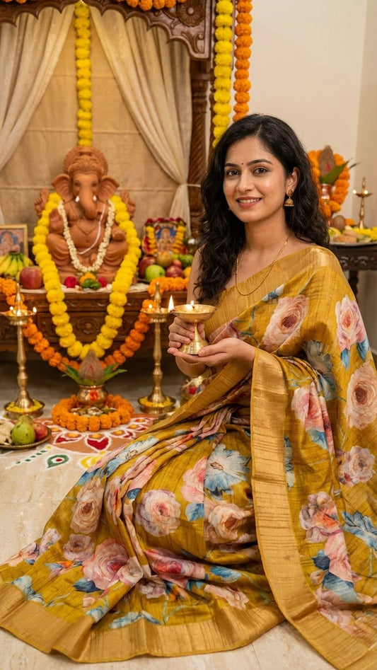 Woman in a Golden yellow blended silk saree with Kalamkari-inspired floral digital print in pink, blue, and purple tones holding a lit candle in front of a decorated altar with a statue of Ganesha.