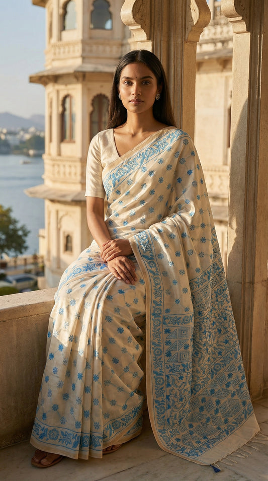 Woman in a Cream cotton saree with blue kantha stitch floral embroidery, handcrafted ethnic wear for cultural occasions, standing on a balcony with a scenic background.