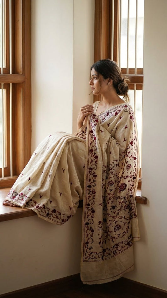 Woman in a handcrafted kantha stitched saree in cream with floral embroidery in maroon and red sitting by a window