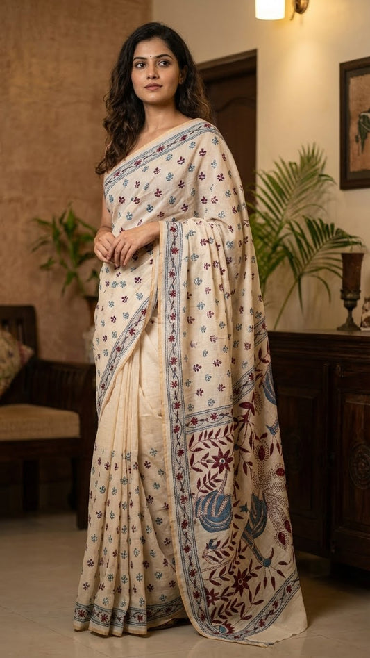 Woman wearing a handcrafted kantha stitched silk blend saree in cream with multicolor floral and bird embroidery in blue tones with floral patterns in a room setting.