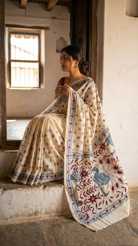 Woman in a handcrafted kantha stitched silk blend saree in cream with multicolor floral and bird embroidery in blue tones sitting in a rustic indoor setting.