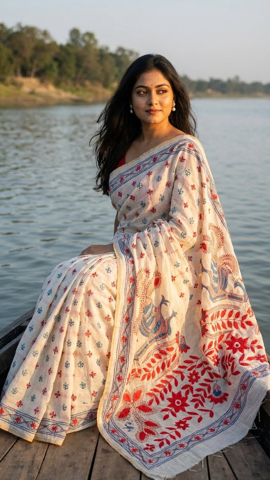 Woman in a handcrafted kantha stitched silk blend saree in cream with multicolor floral and bird embroidery sitting by a body of water.