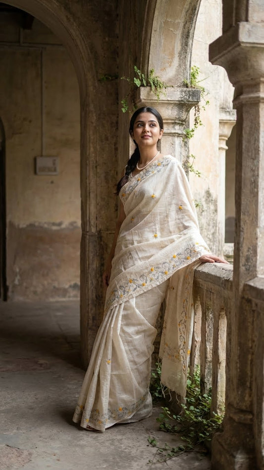 Woman in a handcrafted kantha stitched silk blend saree in cream with multicolor floral and geometric embroidery standing in an archway with stone walls and plants.
