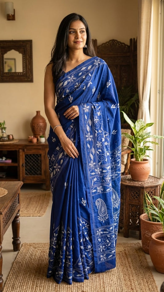 Woman in a handcrafted kantha-stitched cotton saree – deep blue with white floral embroidery standing in a room with wooden furniture and plants.