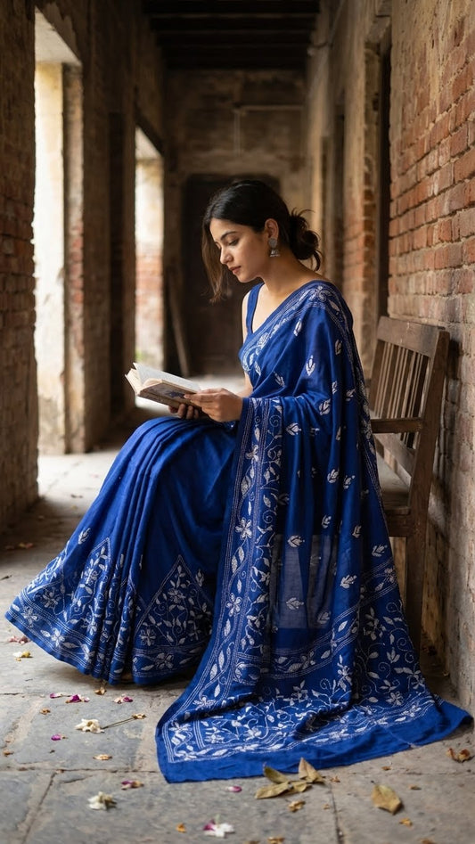 Woman in a handcrafted kantha-stitched cotton saree – deep blue with white floral embroidery reading a book in an old building.