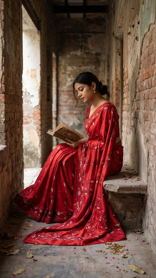 Woman in a handcrafted kantha-stitched cotton saree – red with white & black floral embroidery saree with white patterns sitting in an old building, holding a book.