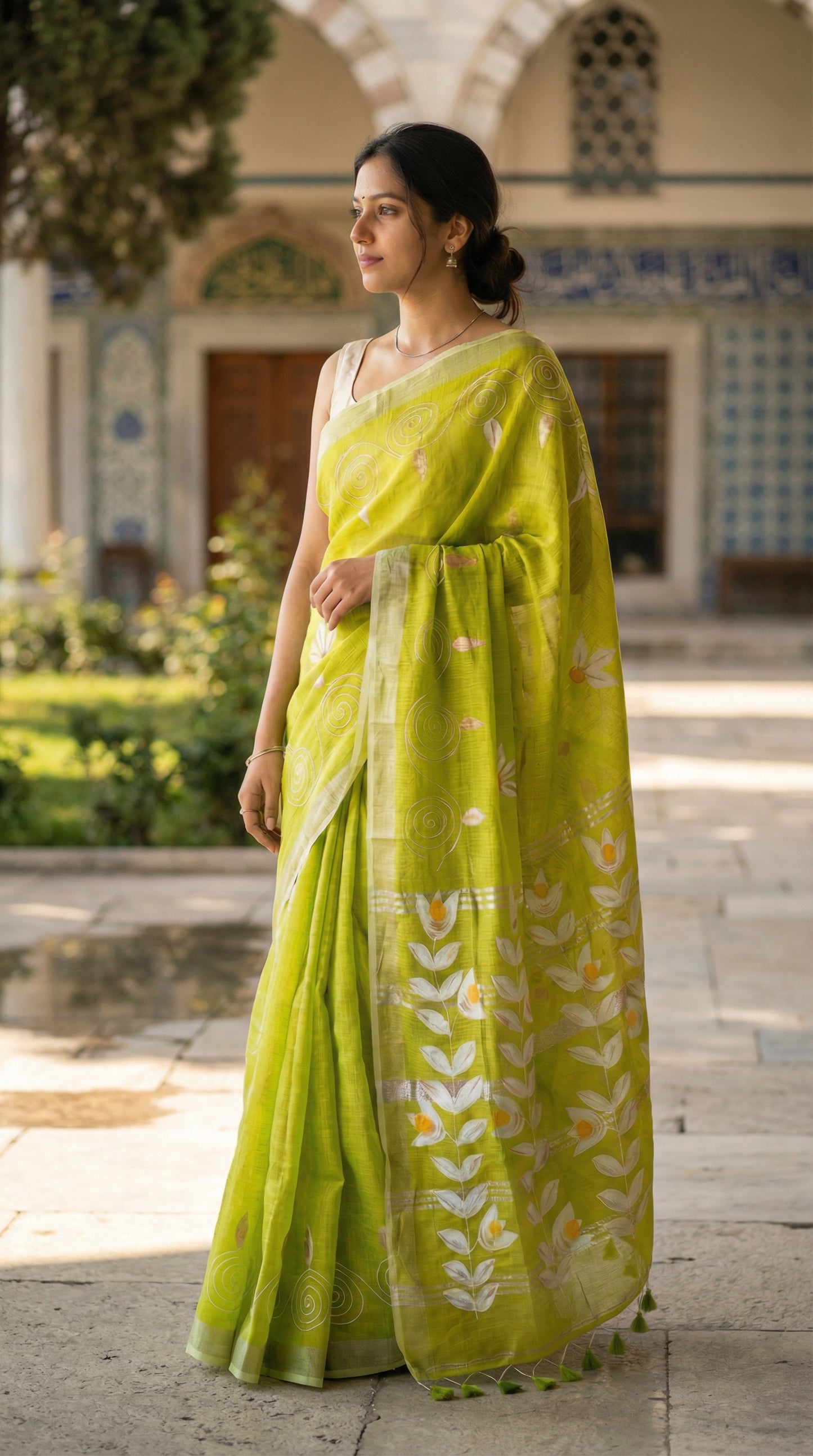 Woman in a lemon green hand painted cotton linen saree with floral motifs and tassel pallu, standing outdoors.