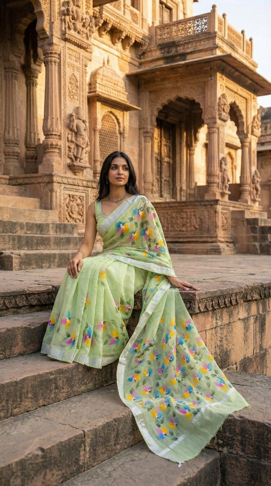 Woman in a light-green-painted-cotton-saree, sitting on stone steps in front of an architectural structure.
