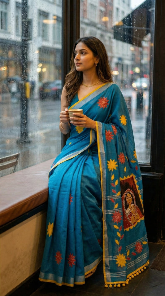 Woman in a blue linen-cotton saree with hand-painted, applique work with floral and artistic motifs, yellow border, and cultural pallu design, sitting by a window on a rainy day.