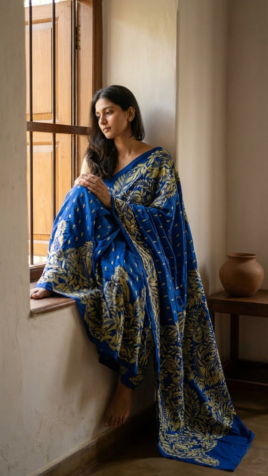 Woman in a luxury kantha-stitched silk saree – royal blue with golden floral embroidery saree with gold leaf patterns sitting by a window.