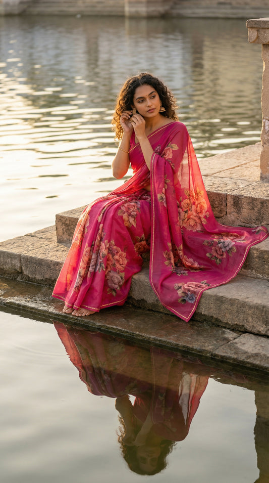 Woman in a magenta chiffon saree with floral prints, sitting by a water body.