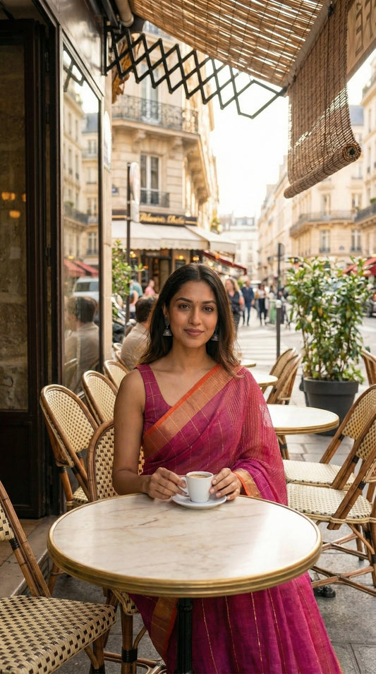Woman in a magenta-cotton-linen-saree-Zari, sitting at an outdoor cafe table in a city street.