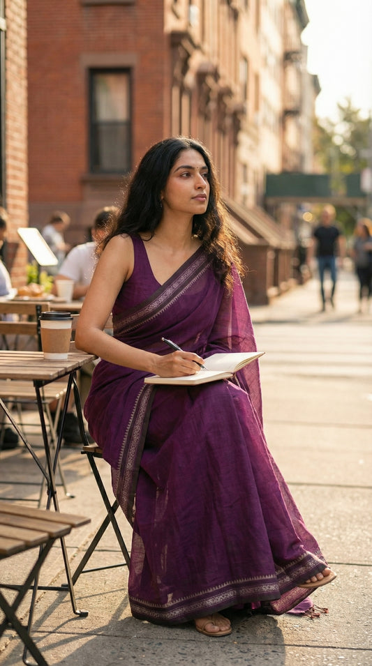 Woman in a magenta-mul-cotton-saree, sitting on a street corner, writing in a notebook.