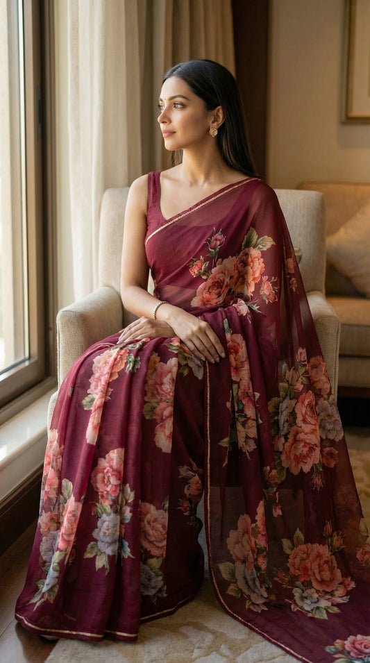 Woman in a maroon chiffon saree with floral prints, with floral patterns sitting on a chair.