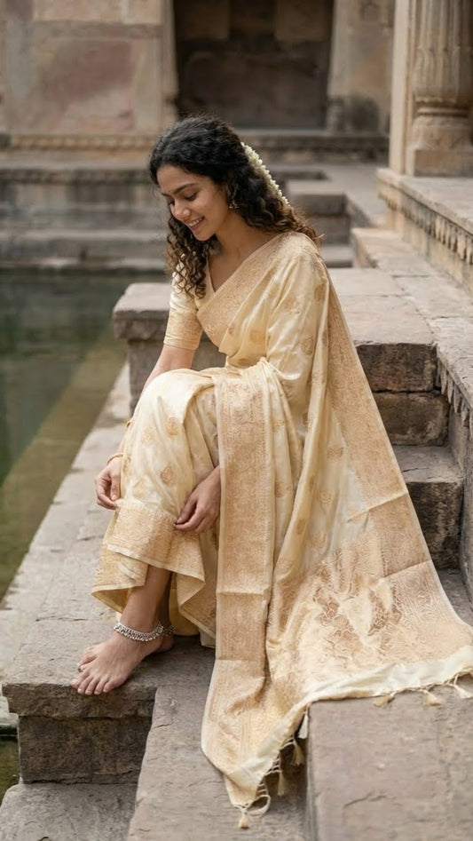 Woman in a beige mashru silk saree with golden embroidery sitting on stone steps near a pool.