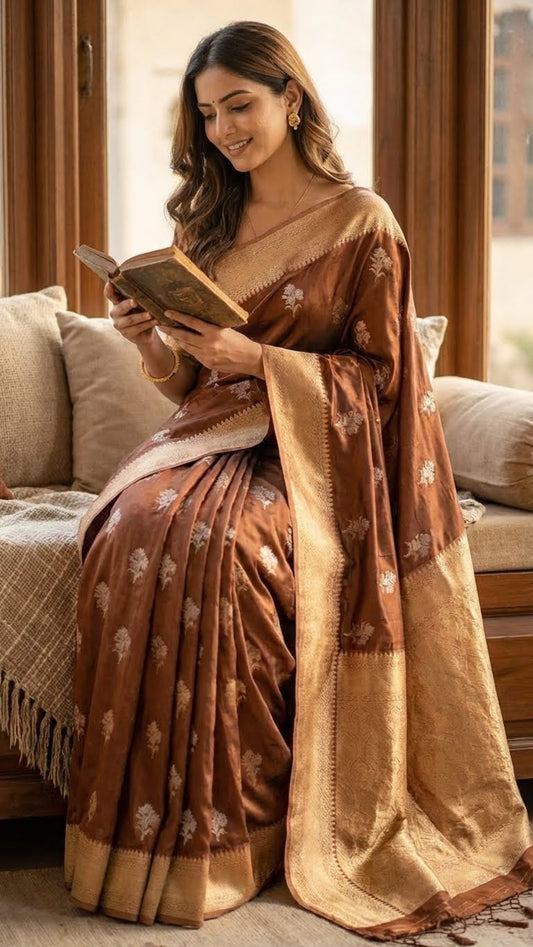 Woman in a copper-brown and beige mashru silk saree with floral embroidery reading a book in a cozy living room.