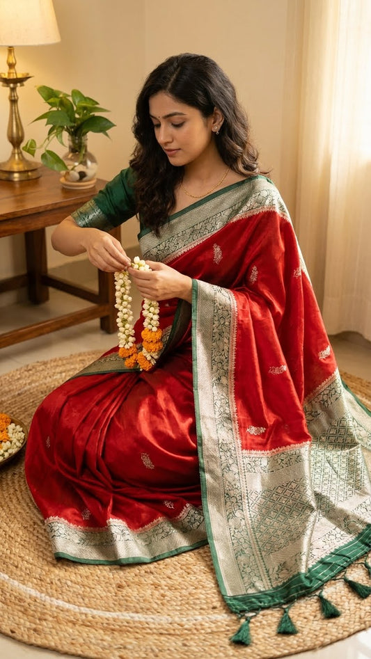 Woman in a red mashru silk saree with green zari border sitting on a woven mat indoors.