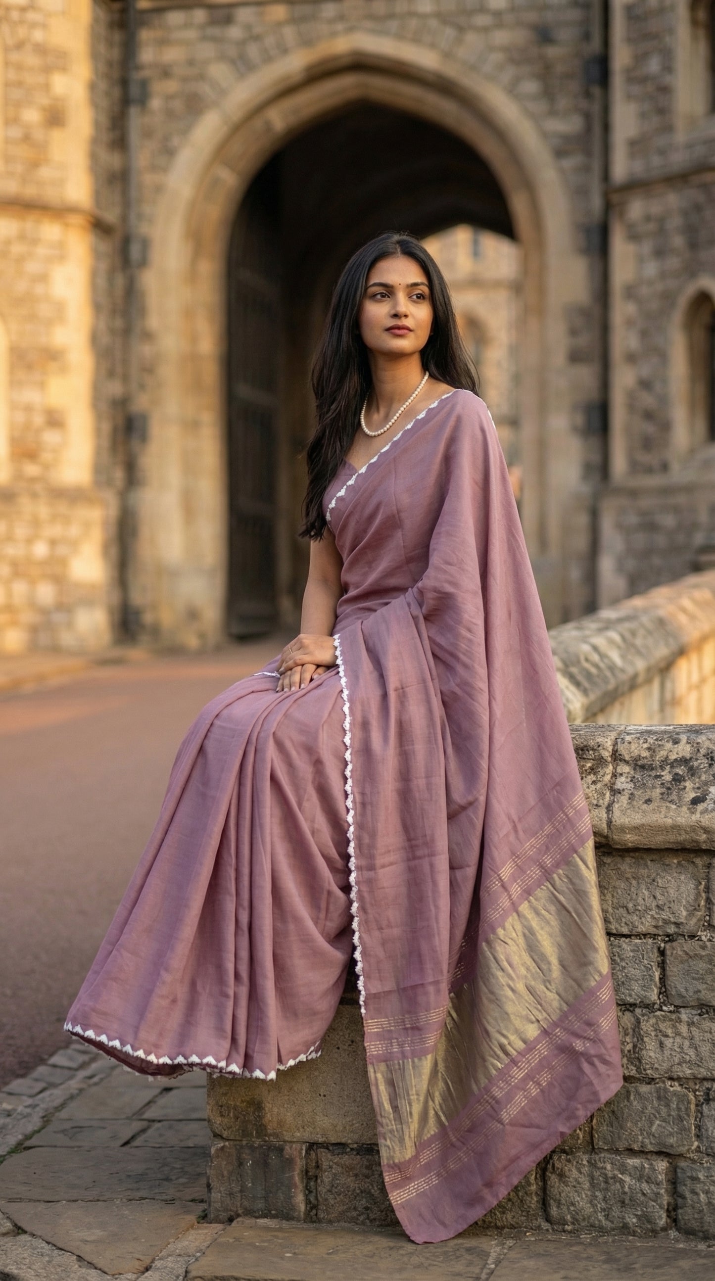 Woman in a mauve-modal-silk-saree-lagdi-patta-pallu, sitting outdoors