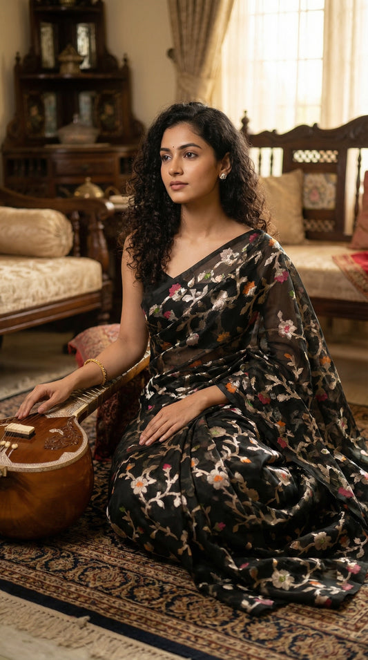 Woman wearing Black muslin blended silk saree with Jamdani weave and gold zari jaal. Sitting with a musical instrument beside, hand resting on it; cultural elegance, keeps saree the hero. Pallu is hidden.