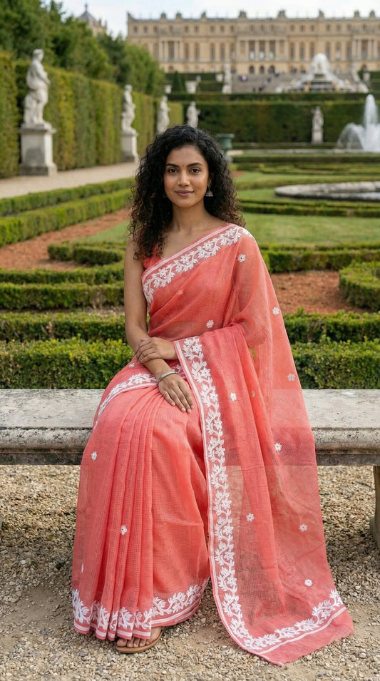 Woman in a peach-kota-doria-saree, standing in a garden with classical architecture in the background