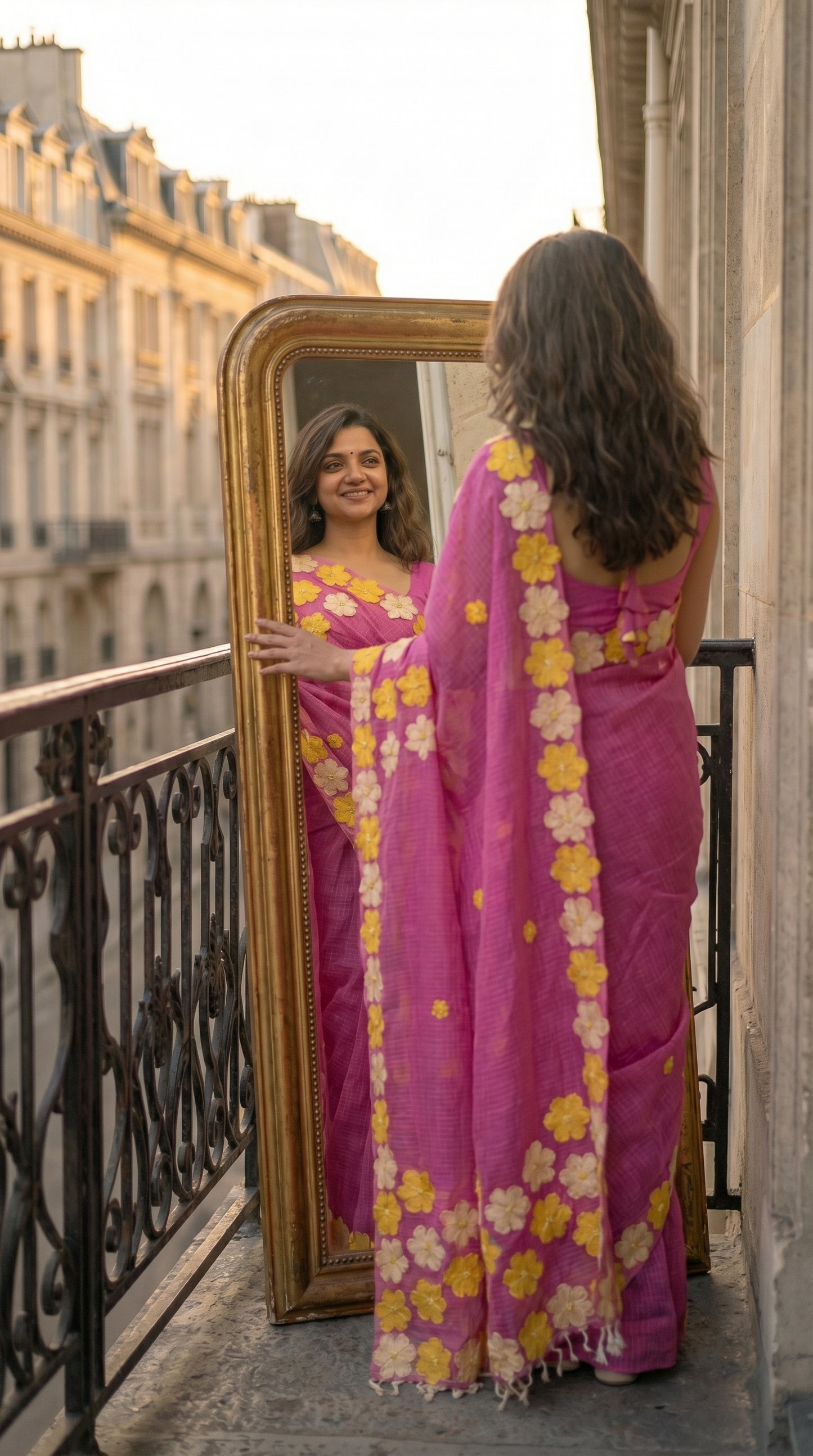 Woman in a pink-mirror-work-kota-saree, standing on a balcony, looking at herself in a mirror.