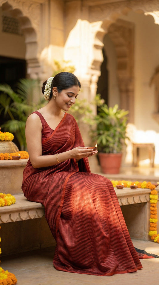 Woman in a red pure modal silk saree with traditional Ajrakh print, sitting in an ornate indoor setting with decorative elements.