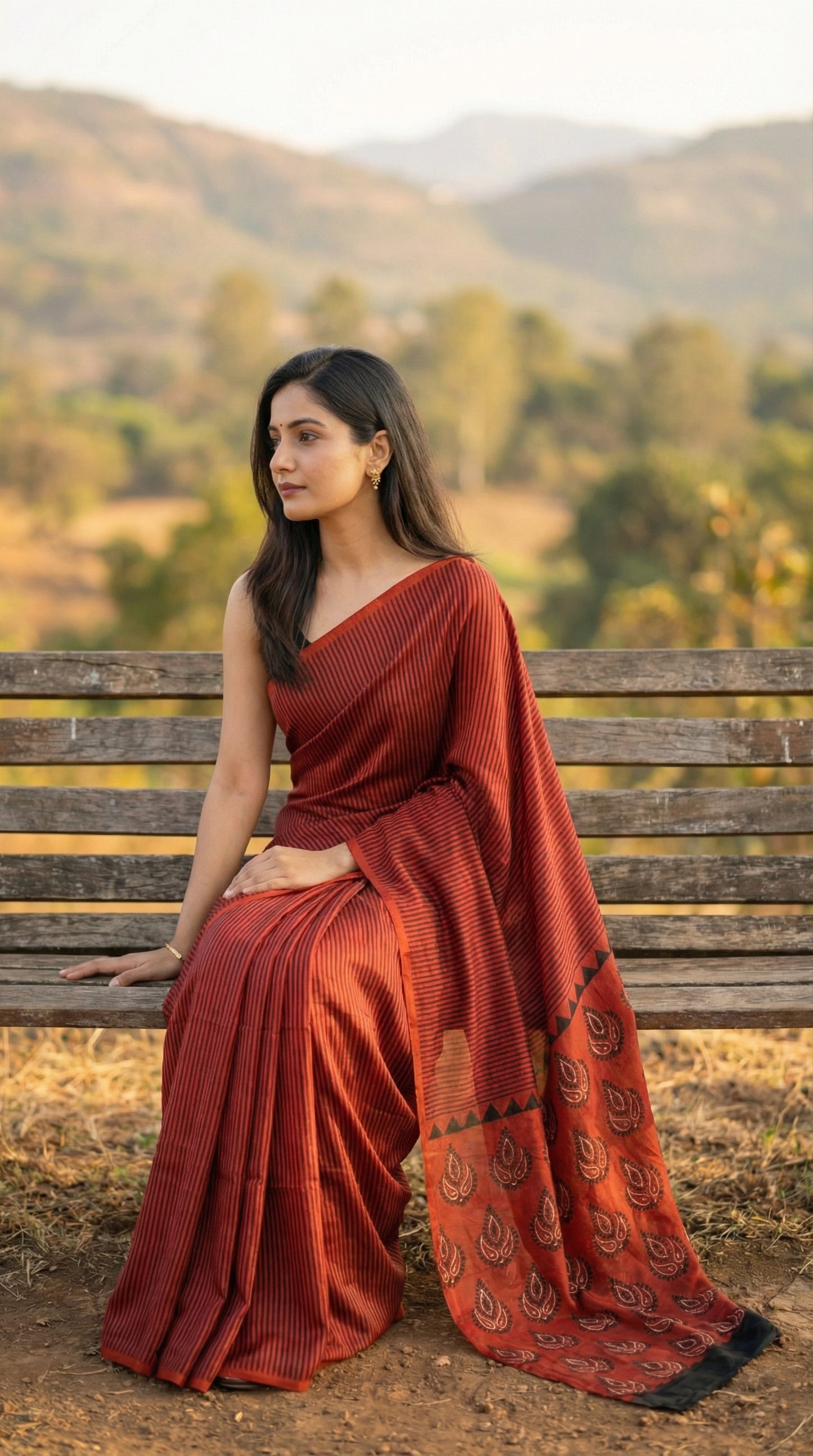 Woman in a red pure modal silk saree with traditional Ajrakh print, sitting on a wooden bench with a mountainous background