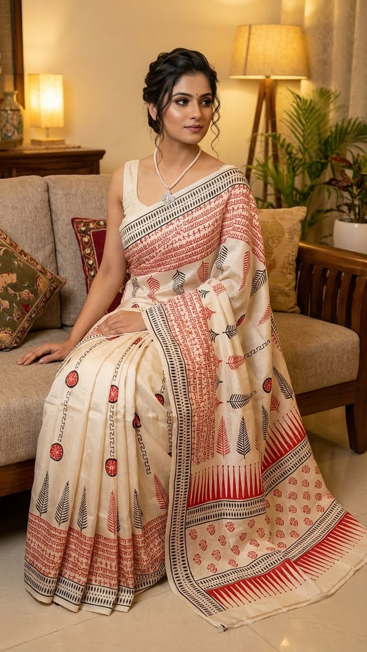 Woman wearing a pure Bishnupuri silk saree in white with red and black printed motifs inspired by traditional Indian art in a living room setting.
