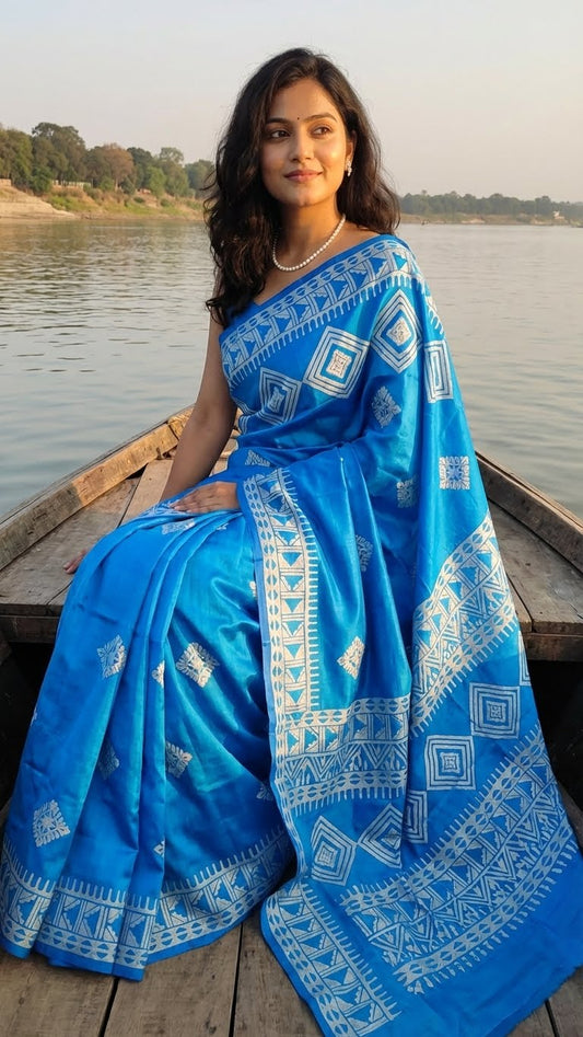Woman in a pure bishnupuri silk saree in royal blue with white digital print motifs and geometric border sitting on a boat by a body of water.
