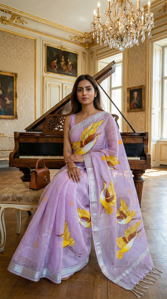 Woman in a purple-kota-doria-crane-saree, in an elegant room with a piano and chandelier.