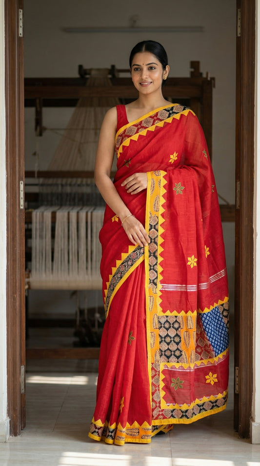 Woman in a red cotton linen saree featuring traditional tribal applique pallu, in a room with a loom in the background.