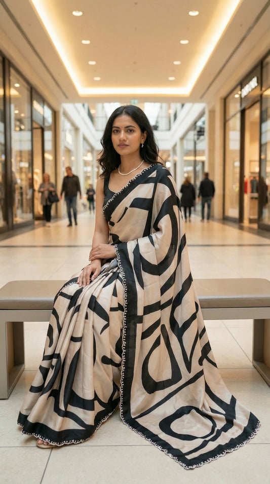 Woman in a Black satin-georgette saree with abstract line motifs on white base and subtle embellishments, sitting on a bench in a mall.